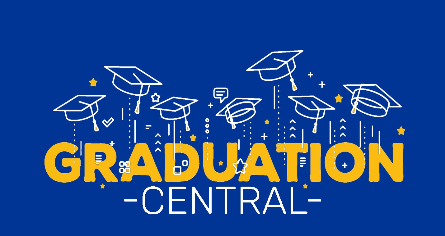 blue banner with white mortar boards logo for graduation central