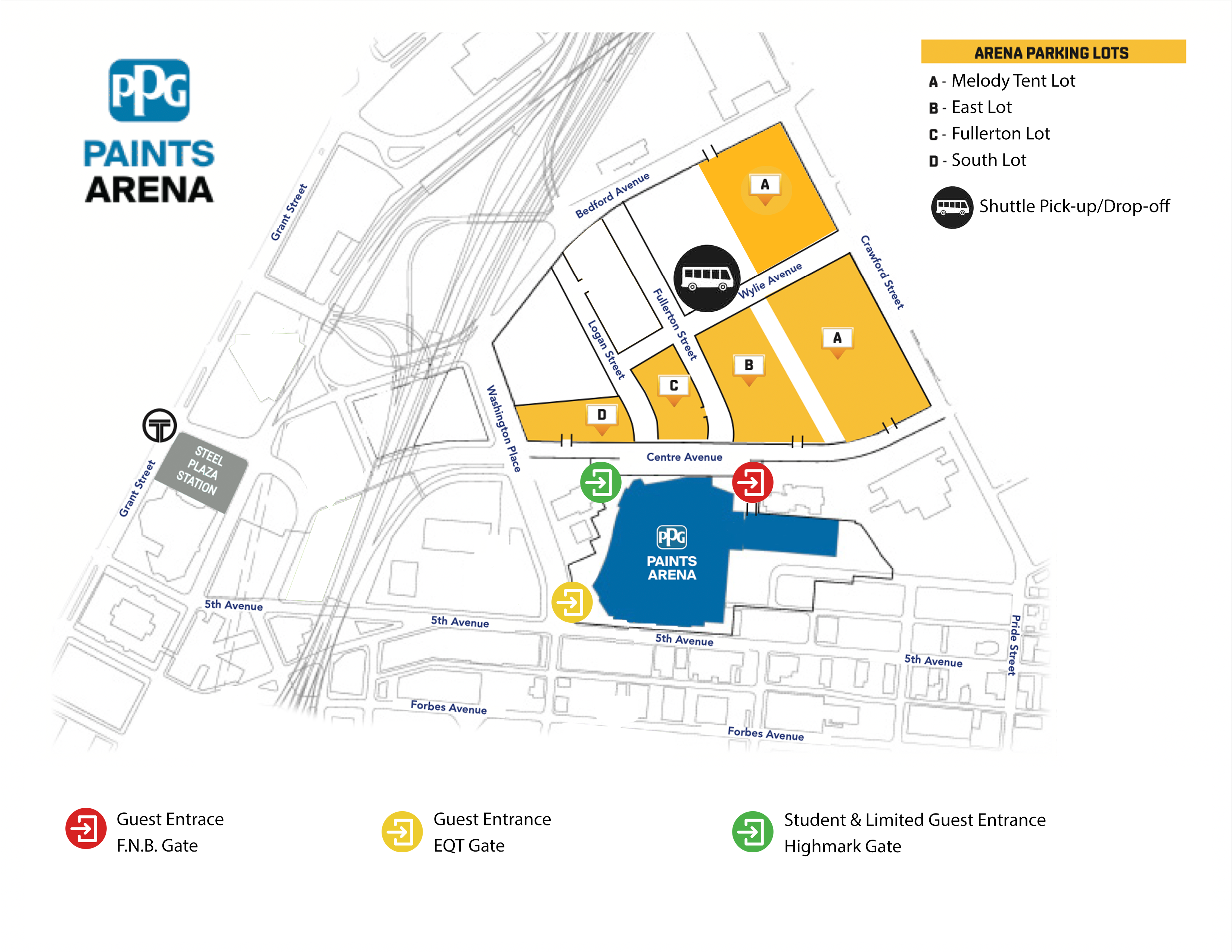 Shuttle Dropoff map; Corner of Fullerton Street and Wylie Avenue