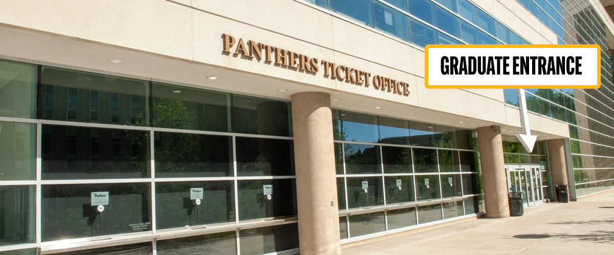 Image of the Petersen Events Center with arrow pointing to entrance doors.