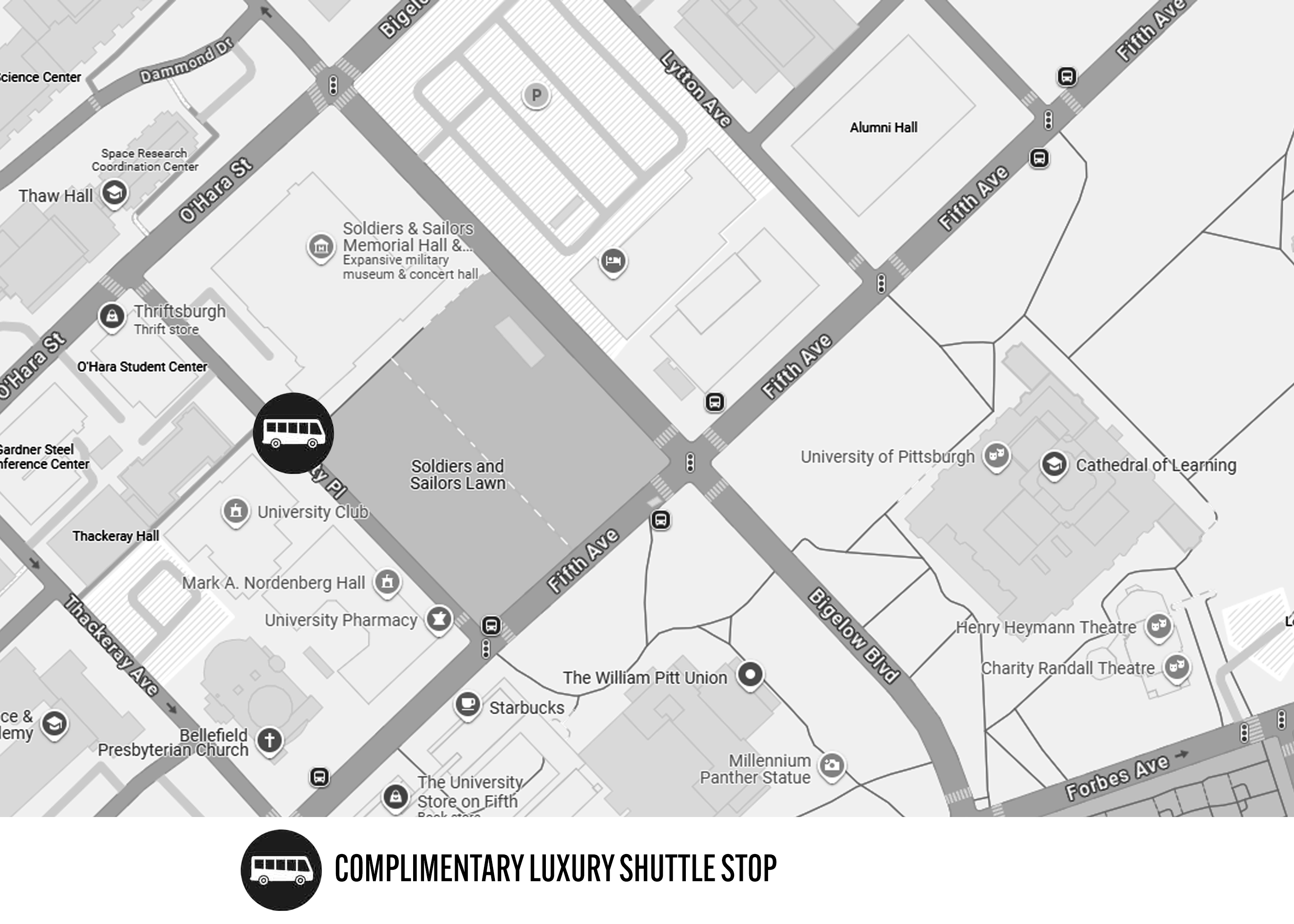 Shuttle staging area between Soldier and Sailors Memorial Hall and Nordenberg Hall