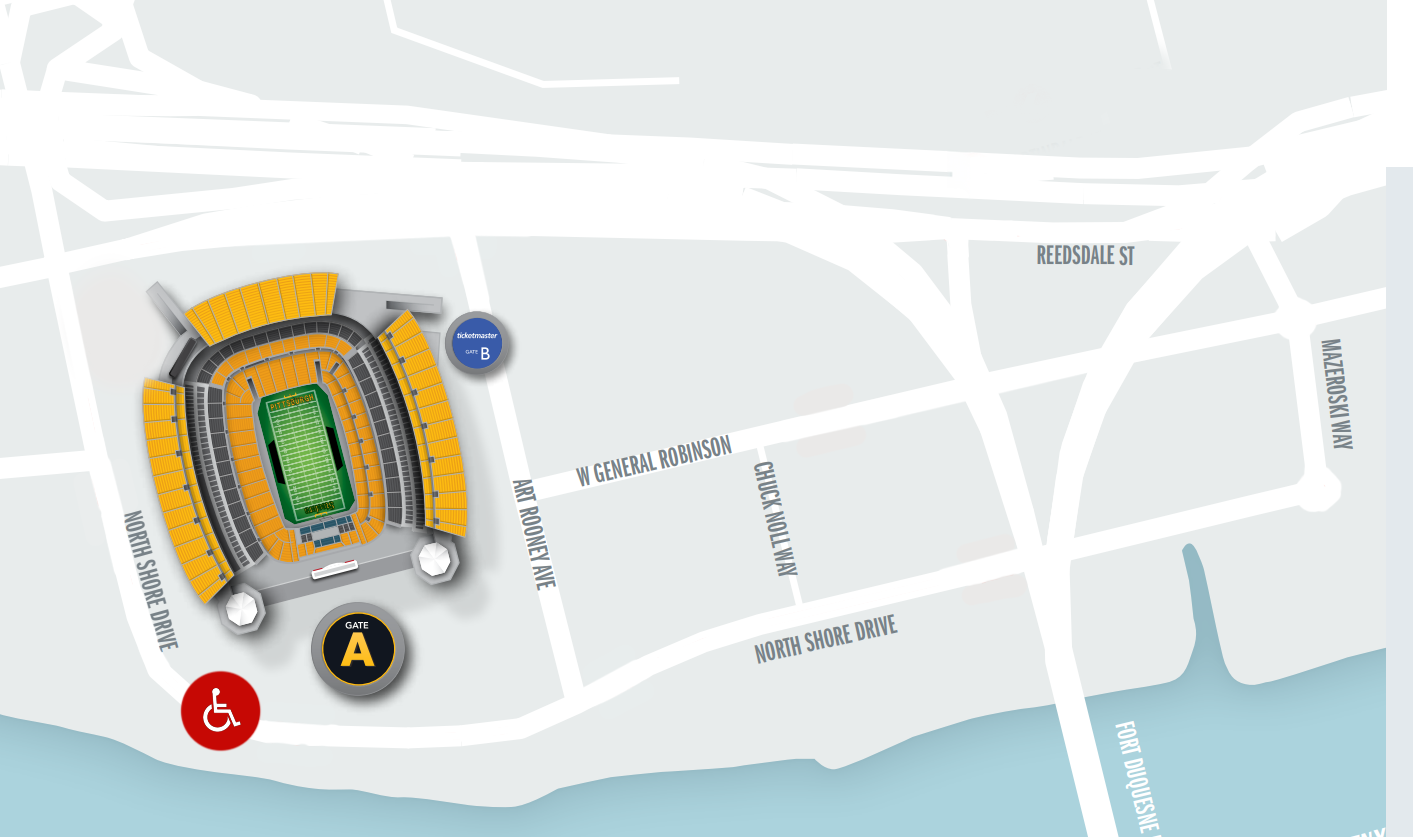 map of drop-off location at Acrisure Stadium. Location is on North Shore Drive on the Southwest Corner by Gate A