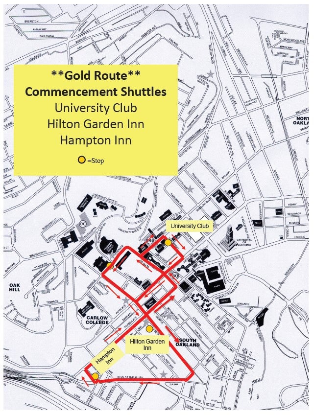 gold route map for university club, hilton garden inn and hampton inn