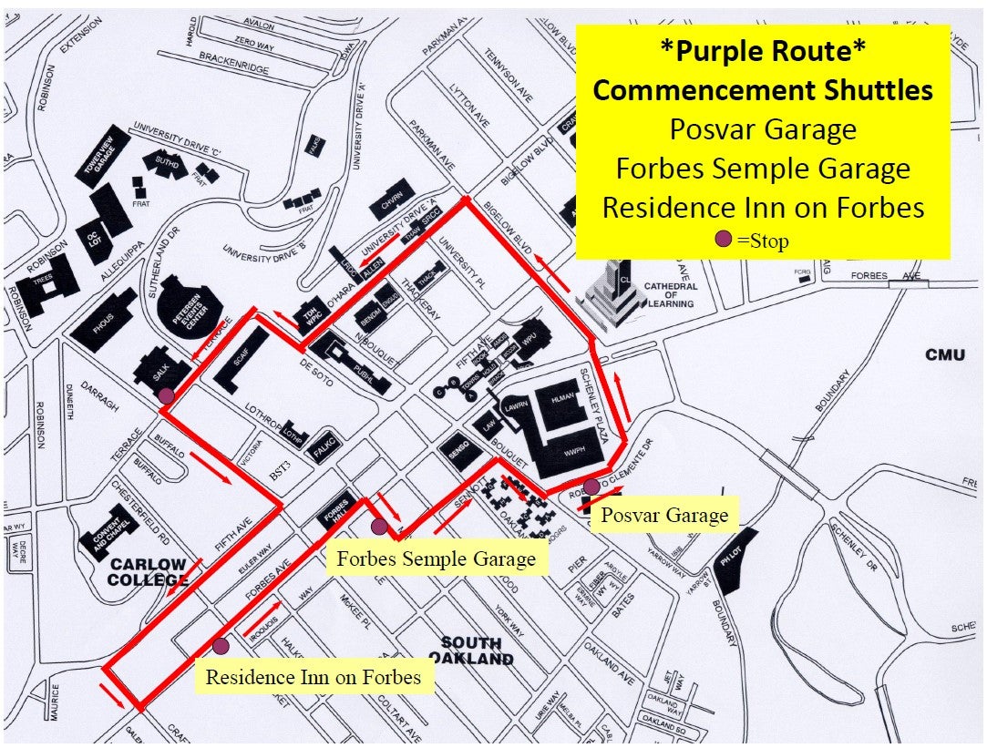 purple route map for posvar, forbes semple, residence inn